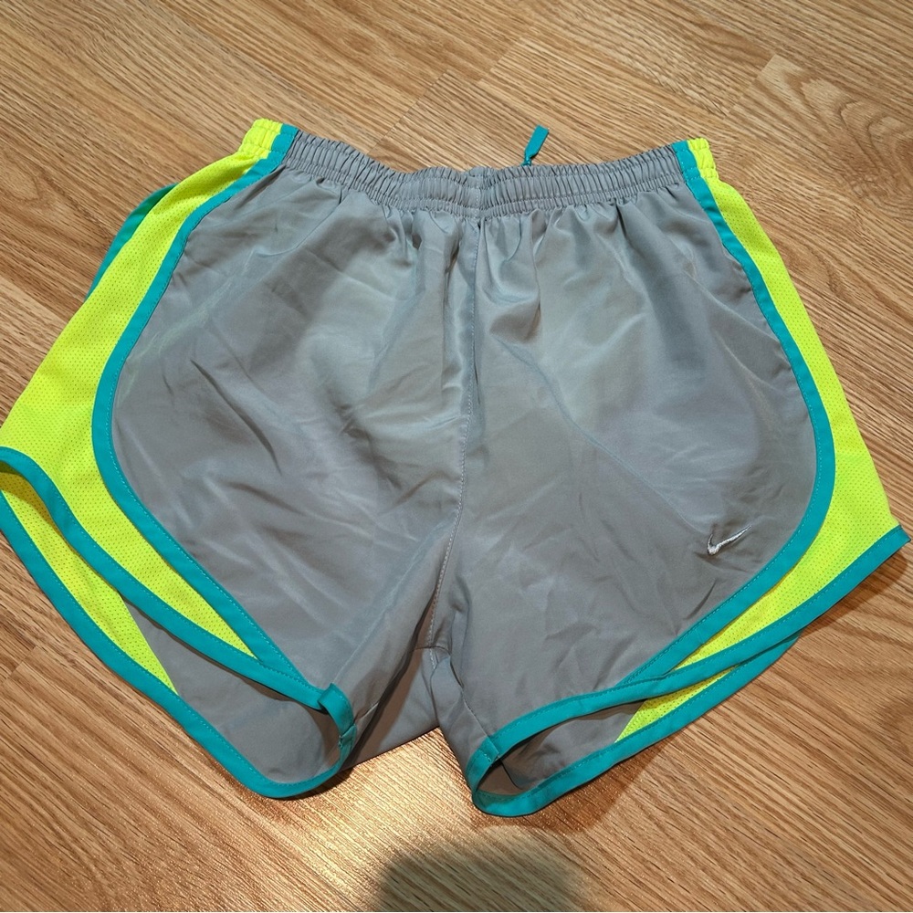 Nike Dri Fit athletic shorts XS grey teal and neon yellow
